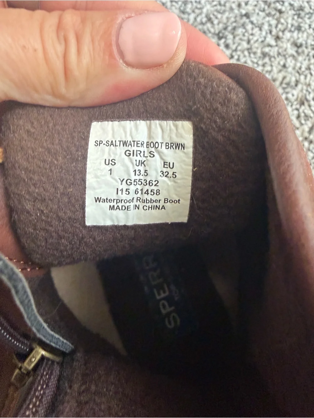 New! Size 1 Girl. Sperry Dark Brown and Tan Waterproof Duck Boots